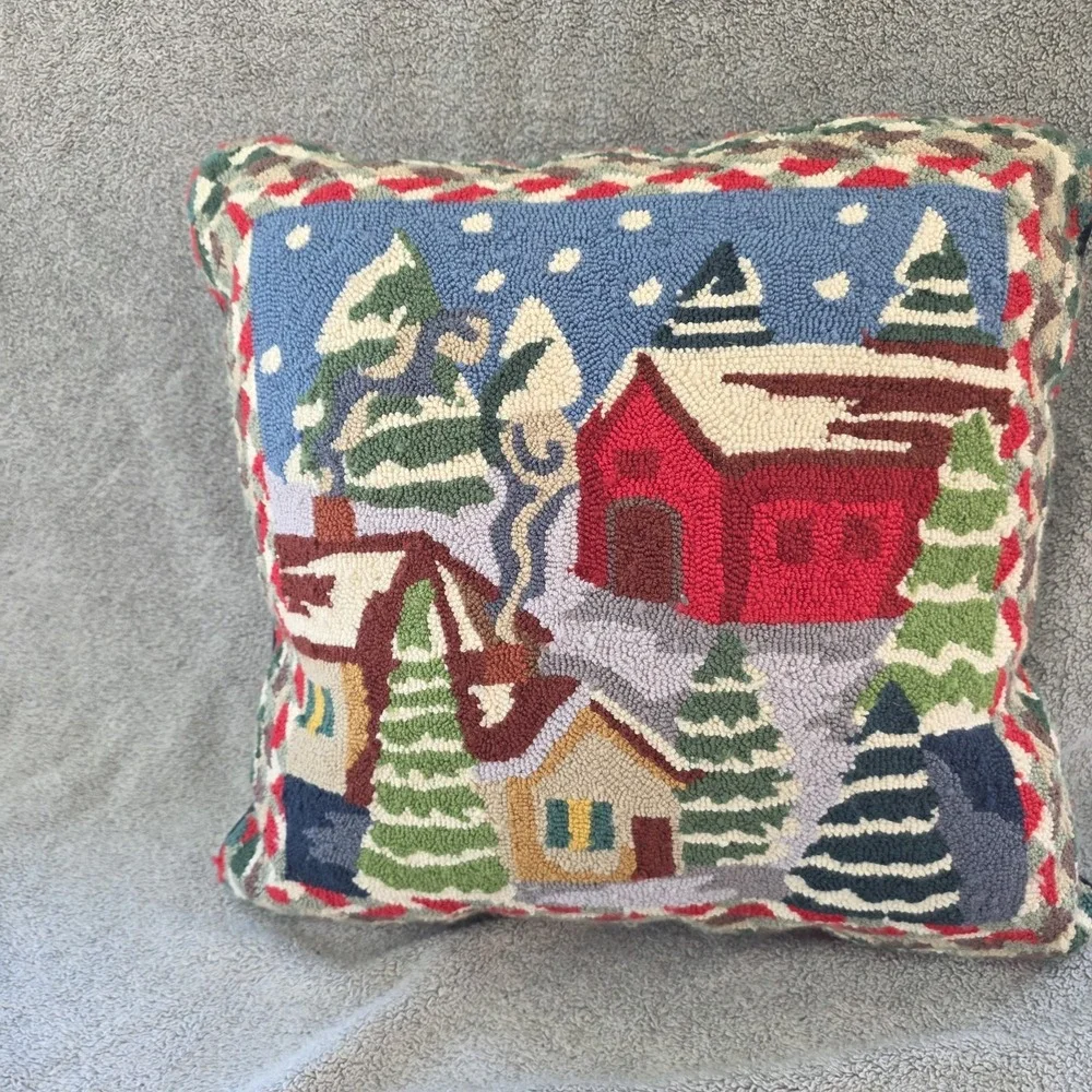 Vintage Hooked Wool Christmas Winter Scene Pillow 18x15
